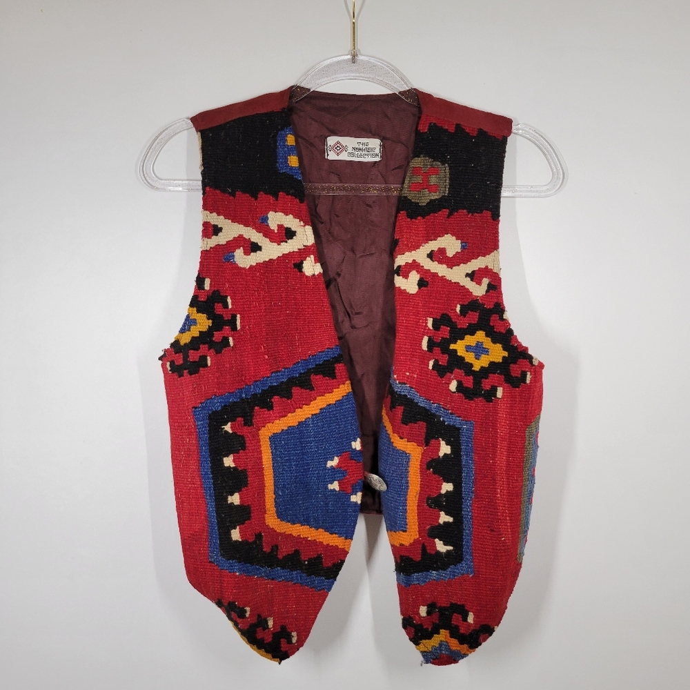 Vintage Turkish Kilim Wool Aztec Boho Tapestry Leather Vest Women Size Medium